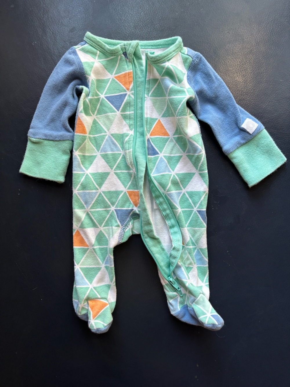 One-Piece Zip footie in Mint Green Geometric Print